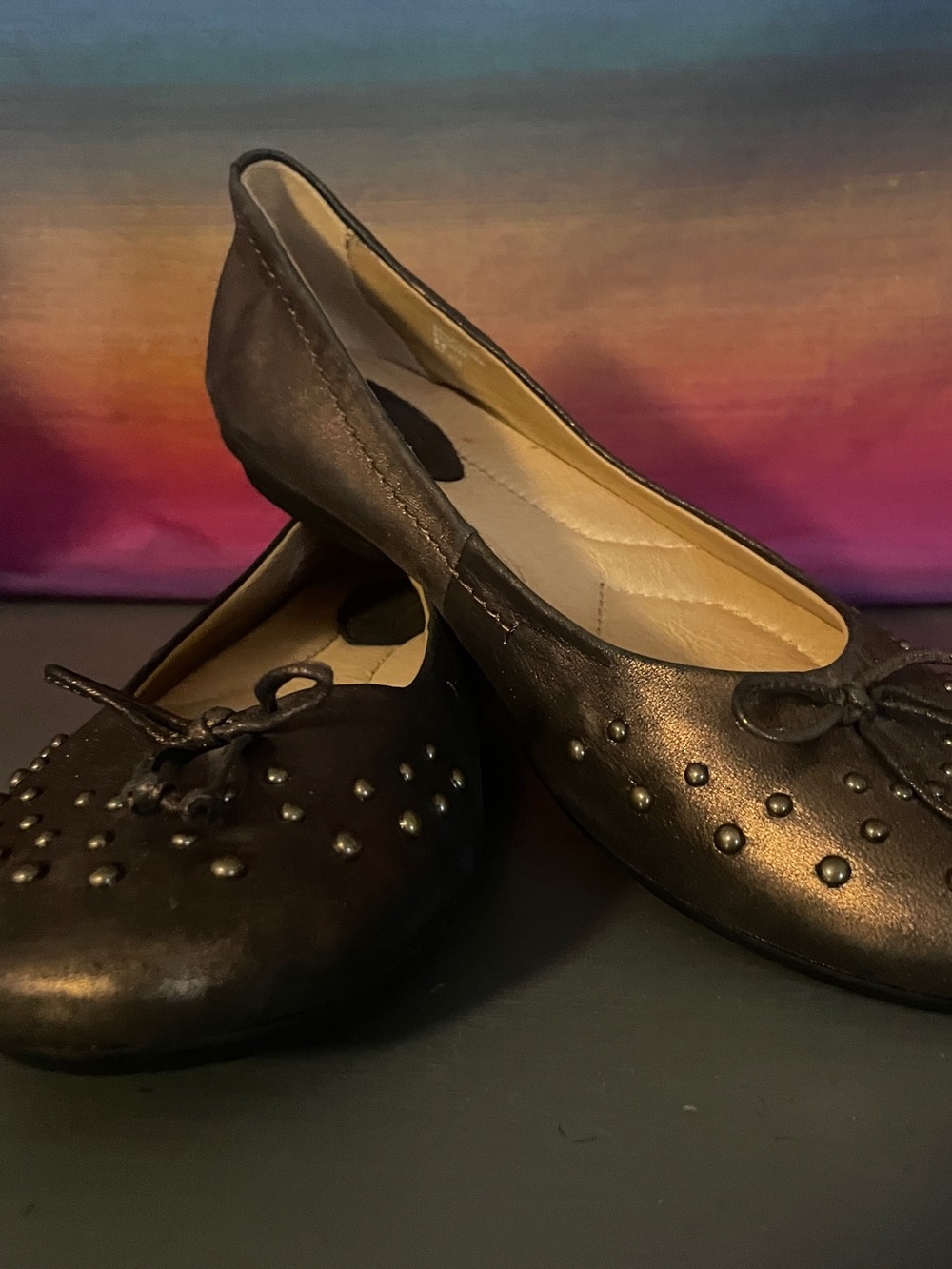 Earth Bellflower Bronze Leather Studded Bow Ballet Flats Women’s 8